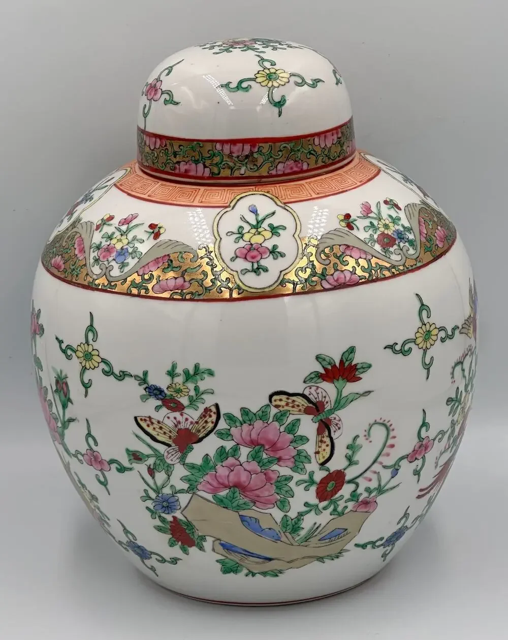 Chinese Export Famille Rose Oriental Gilt Porcelain Lidded Ginger Jar Tea Caddie